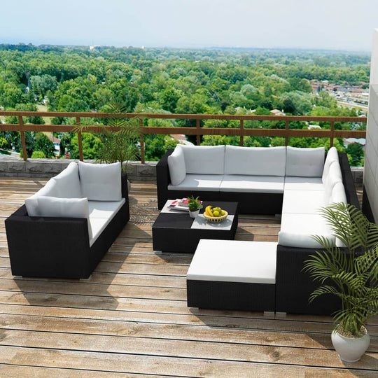 10 piece lounge set with cushions on a patio, featuring a modern design and weather-resistant materials.