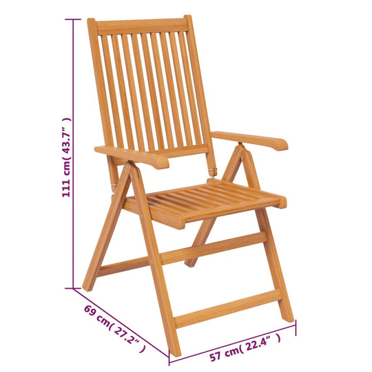 Folding chair from 7-Piece Outdoor Dining Set – Solid Acacia Wood Patio Furniture with dimensions marked in centimeters and inches.