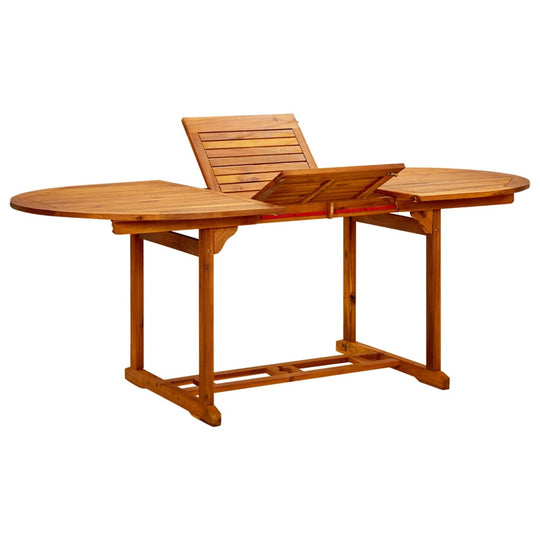 Garden dining table made of solid acacia wood, featuring a foldable design for outdoor use and easy maintenance.