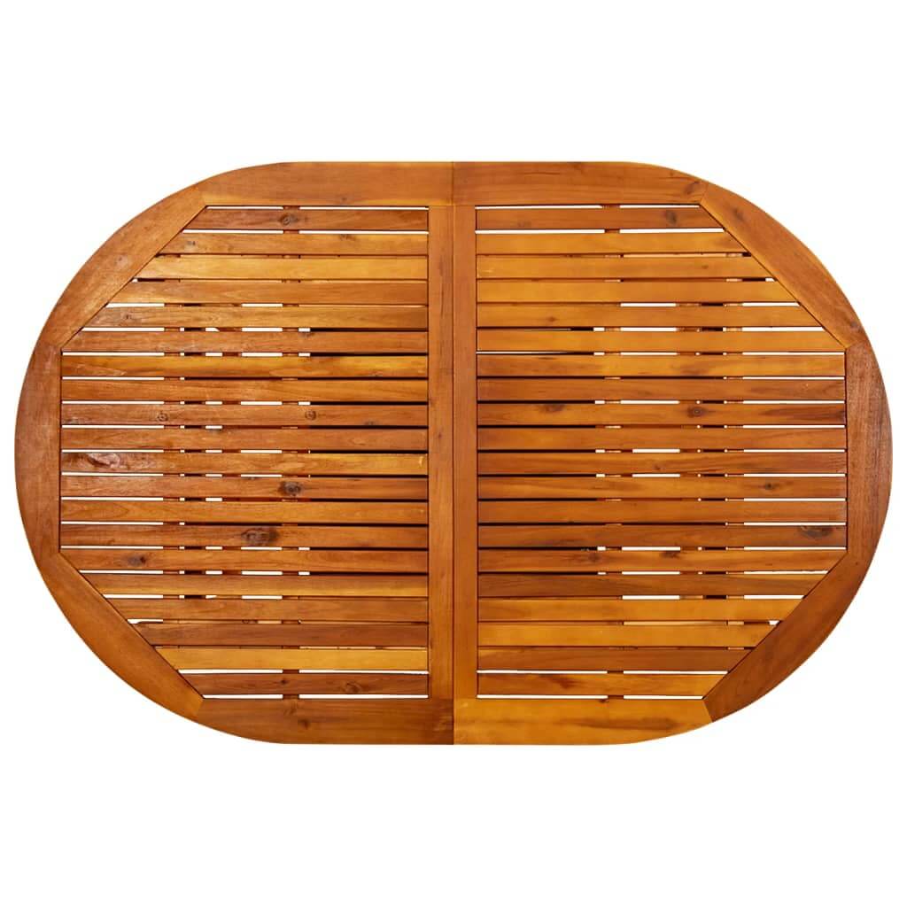 Top view of a stylish oval garden table made from solid acacia wood, featuring a slatted design and elegant finish.