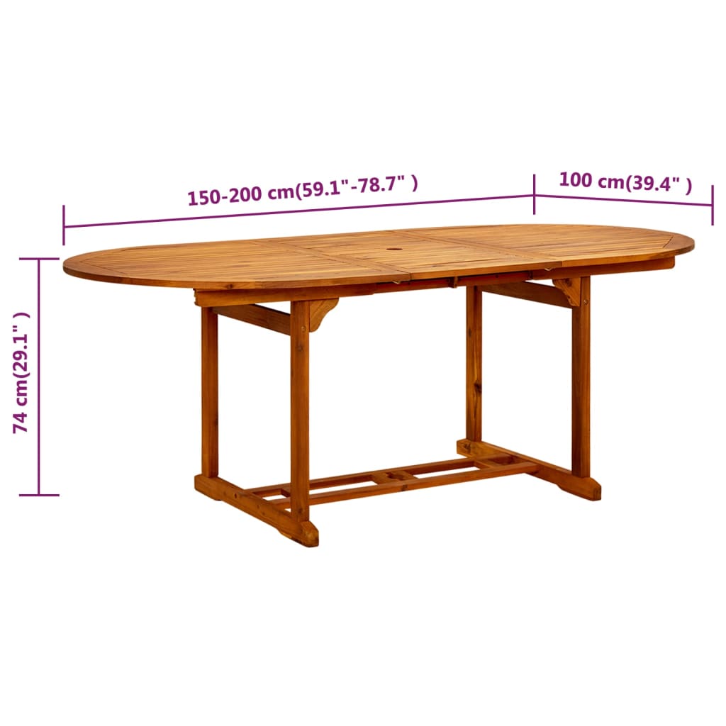 Garden table dimensions 150-200 cm x 100 cm, crafted from solid acacia wood for stylish outdoor dining.