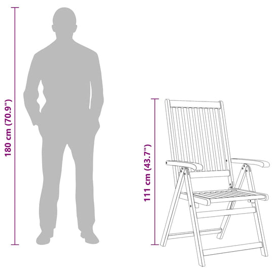 Folding Garden Chairs 2 pcs Solid Acacia Wood dimensions illustration next to a person for scale.