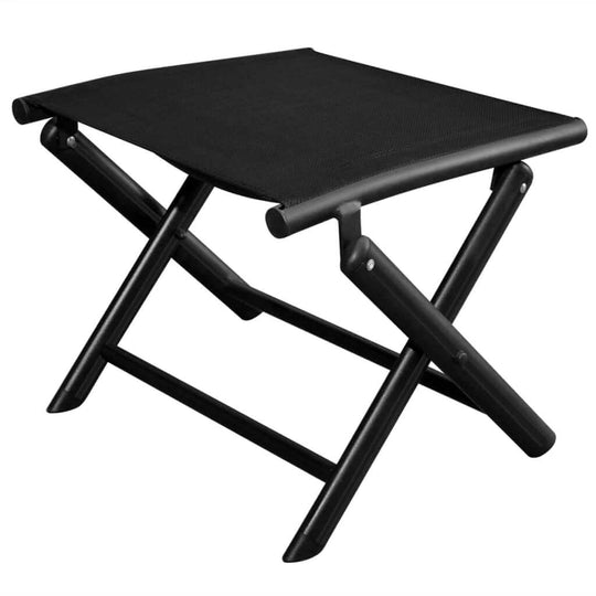 Black aluminium folding footstool with Textilene top, ideal for outdoor furniture and patio settings.