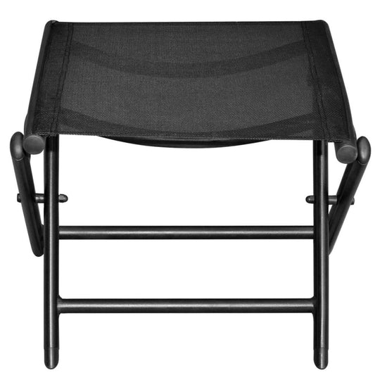 Black aluminium and Textilene folding footstool for outdoor furniture, perfect for lounges, sofas, and benches.