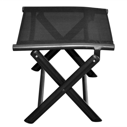 Folding black aluminium footstool with textilene surface, perfect for outdoor furniture and garden settings.