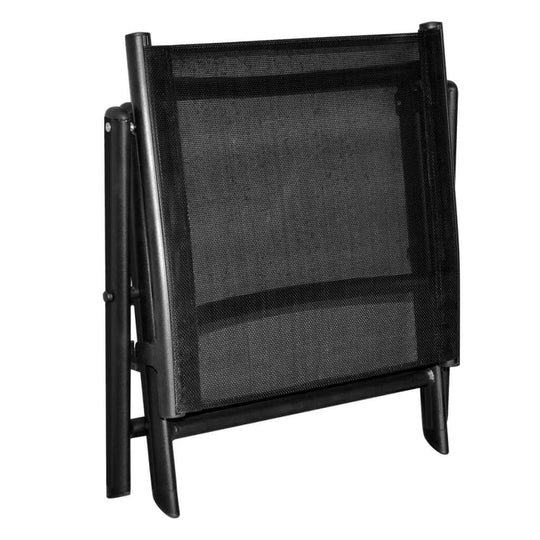 Black aluminium and textilene folding footstool for outdoor furniture, perfect for patio and garden lounge sets.