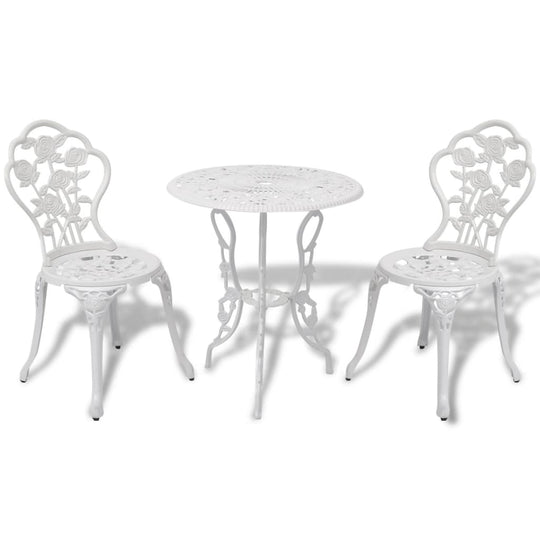 3 Piece Bistro Set Cast Aluminium featuring a decorative table and two chairs with floral patterns.