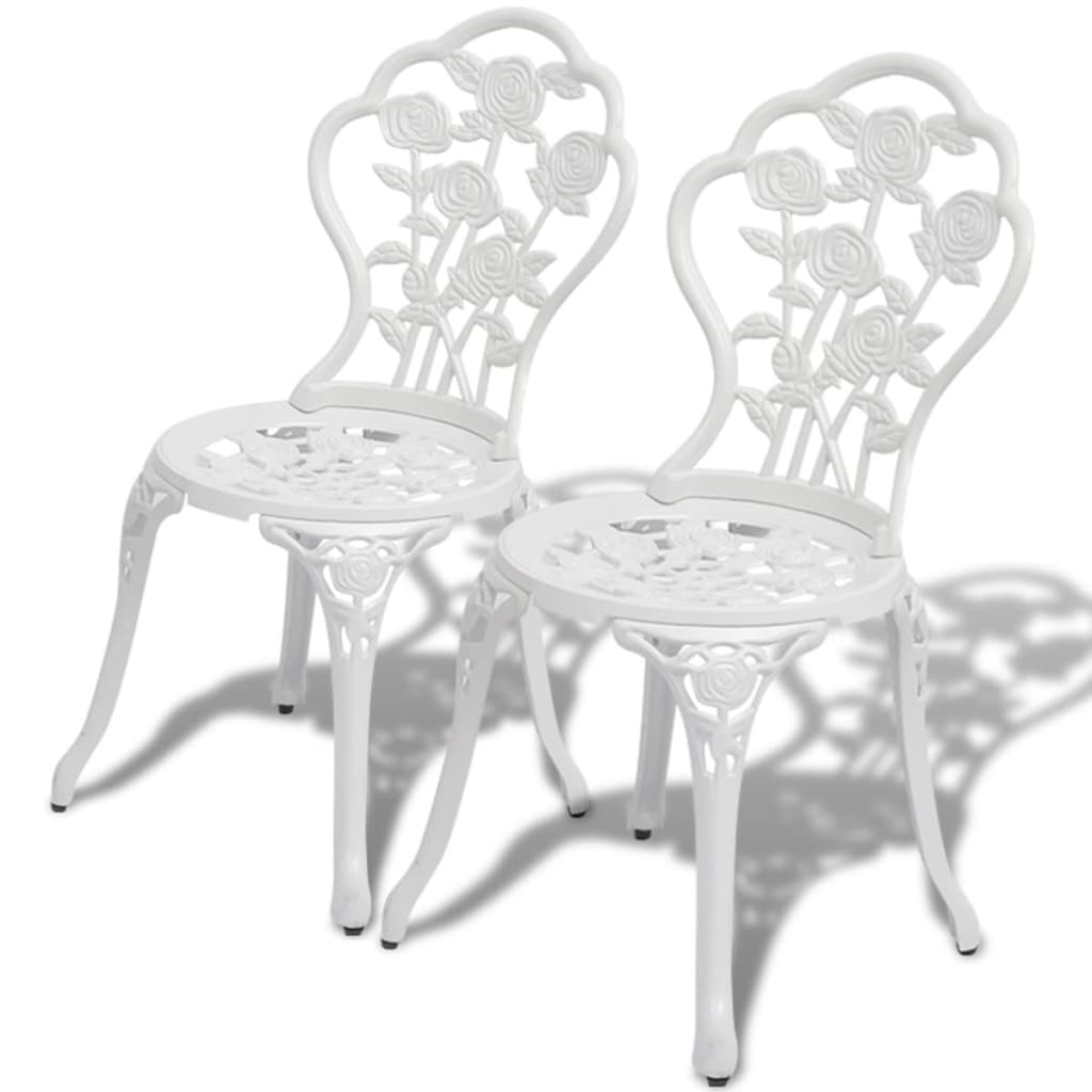 2 elegant white chairs featuring floral design, part of the 3 Piece Bistro Set Cast Aluminium collection.