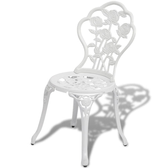 3 Piece Bistro Set Cast Aluminium white floral chair for outdoor dining.