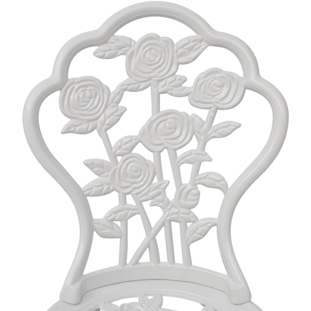 Close-up of the intricate floral pattern on the backrest of a 3 Piece Bistro Set Cast Aluminium chair.