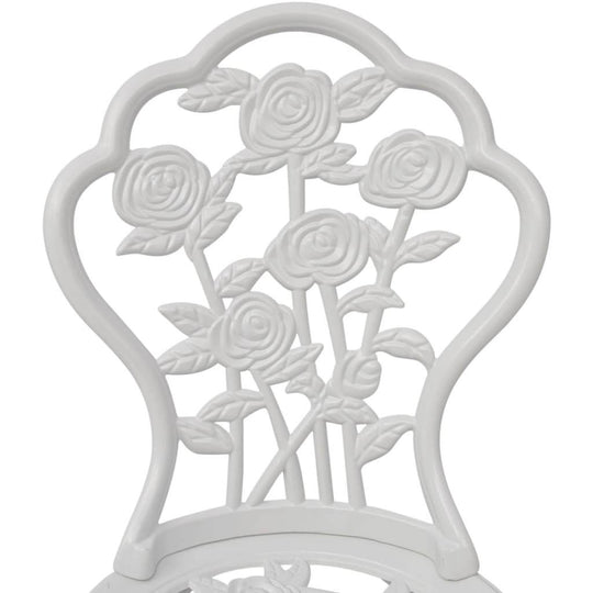 Close-up of the intricate floral pattern on the backrest of a 3 Piece Bistro Set Cast Aluminium chair.