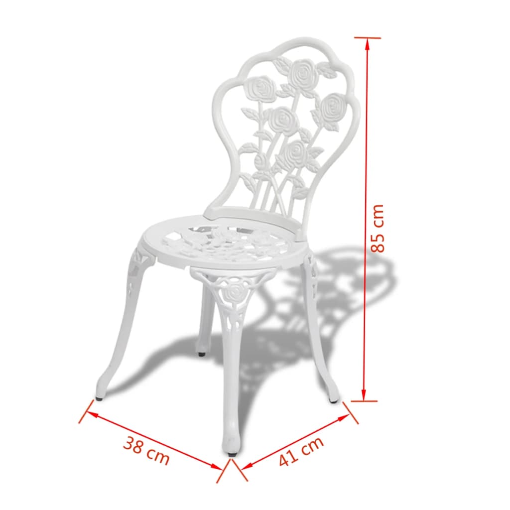 3 Piece Bistro Set Cast Aluminium chair with decorative floral pattern and dimensions 38 cm x 41 cm x 85 cm.