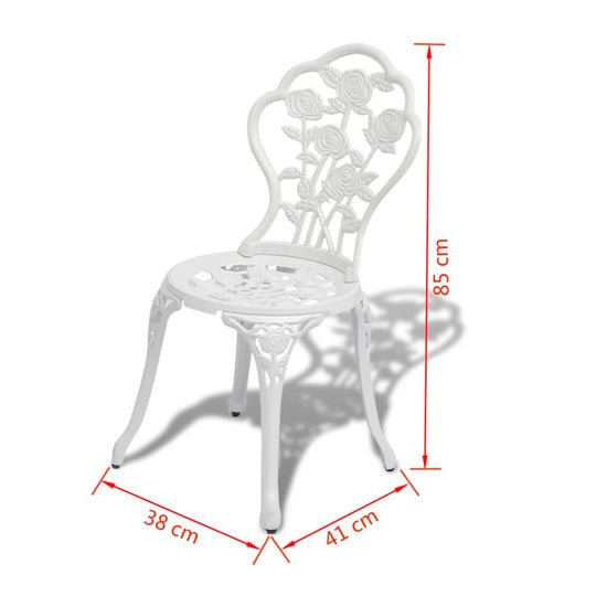 3 Piece Bistro Set Cast Aluminium chair with decorative floral pattern and dimensions 38 cm x 41 cm x 85 cm.