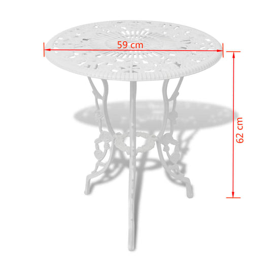 3 Piece Bistro Set Cast Aluminium round table with floral design, dimensions 59 cm width x 62 cm height.