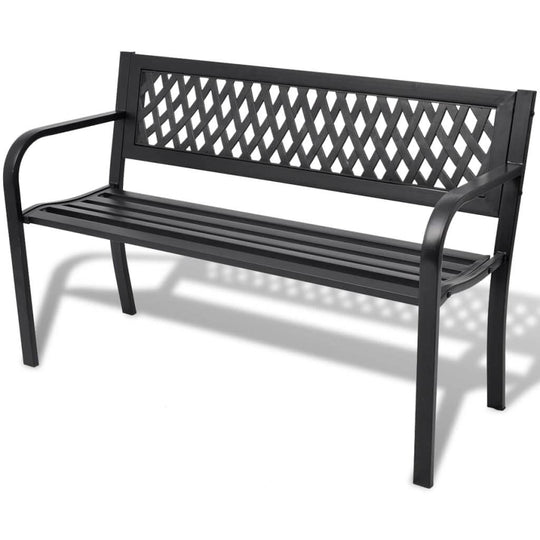 Black steel garden bench with lattice backrest, perfect for outdoor furniture and patio lounging. Seats two comfortably.