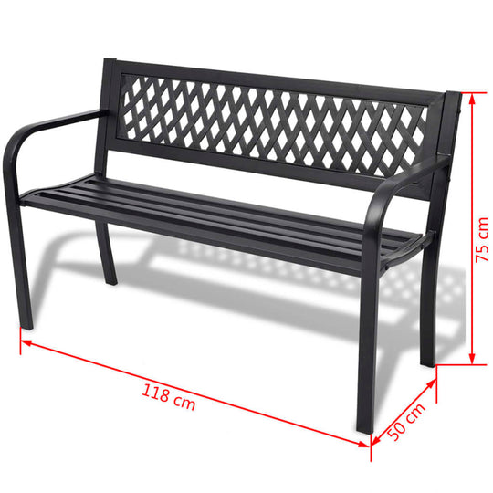 Black steel garden bench, 118 cm long, weather-resistant, stylish outdoor furniture for patio or garden seating.