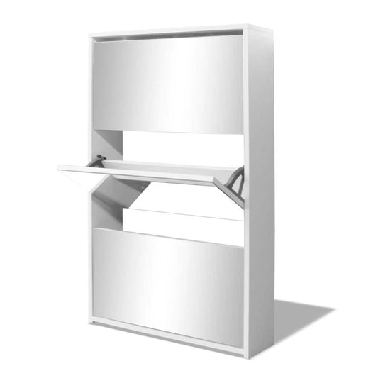 Modern white 3-layer mirror shoe cabinet with pull-down drawers, designed for stylish shoe storage and organization.