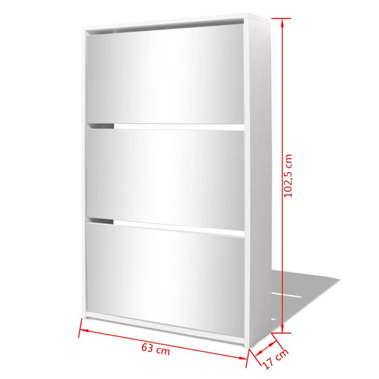 3-layer mirrored shoe cabinet in white, dimensions 63x17x102.5 cm, perfect for organizing shoes and reducing clutter.