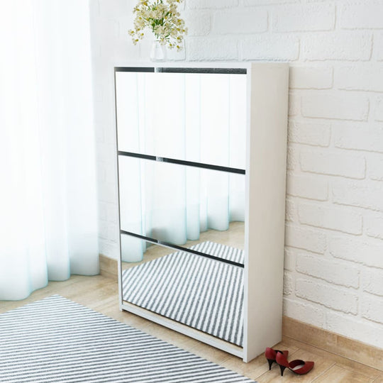 Modern 3-layer mirrored shoe cabinet in white, featuring pull-down drawers and a sleek design for shoe organization.