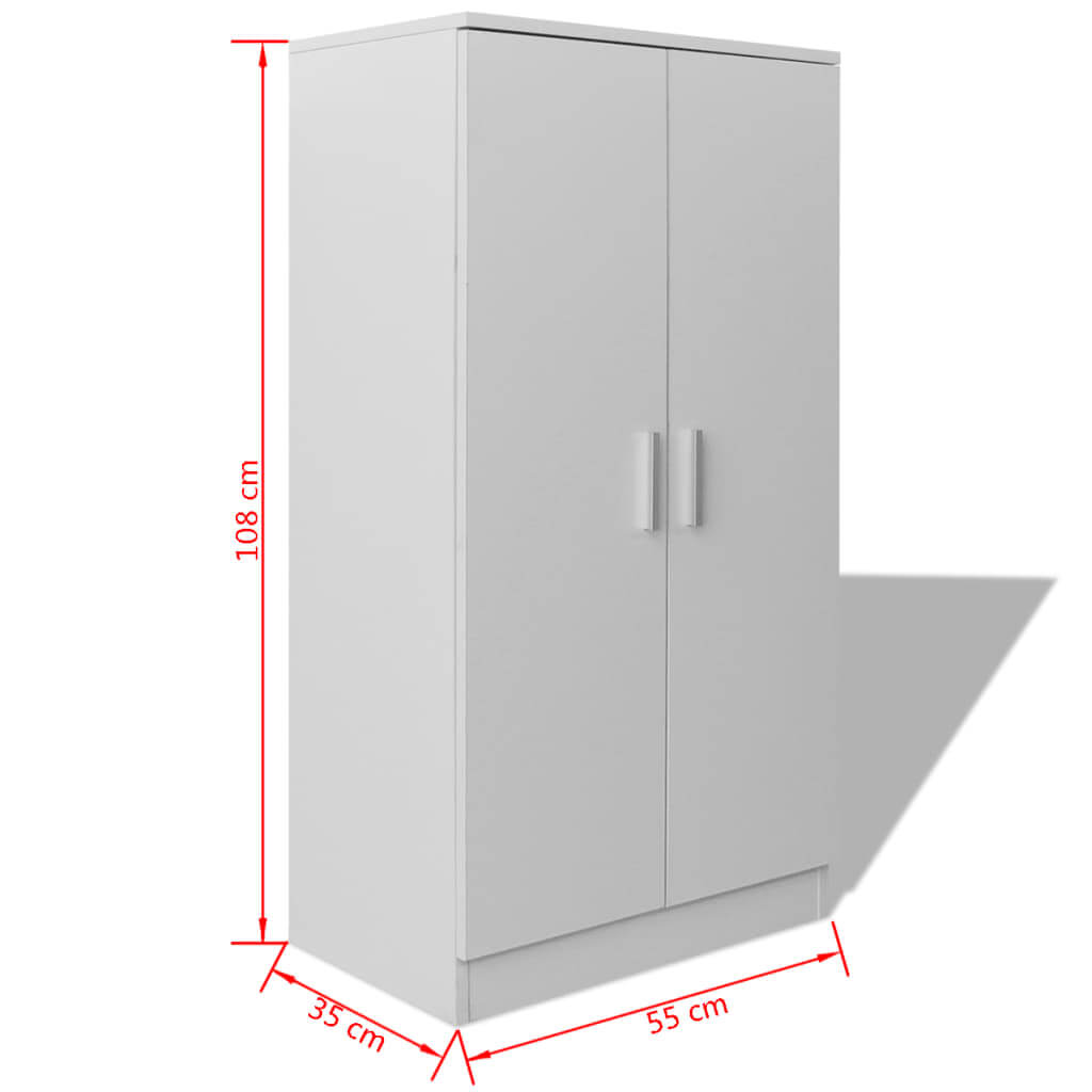 Modern white shoe cabinet with 7 shelves, dimensions 108 cm high, 55 cm wide, and 35 cm deep, ideal for shoe storage.