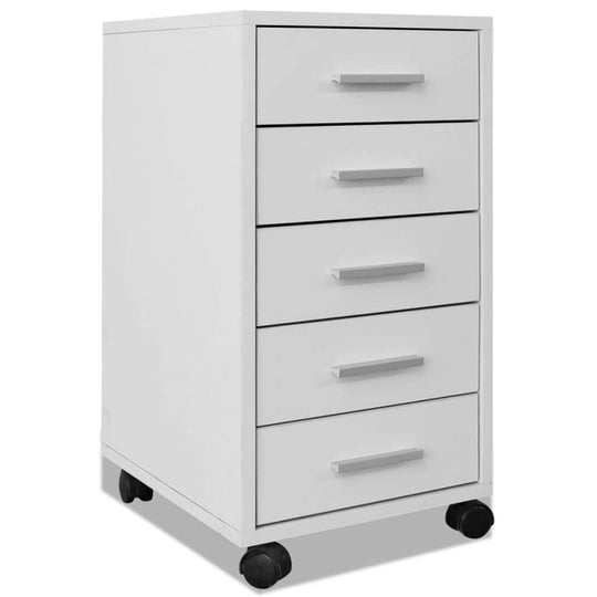 Office Drawer Unit with Castors 5 Drawers, modern white cabinet with aluminium handles on wheels for easy mobility.