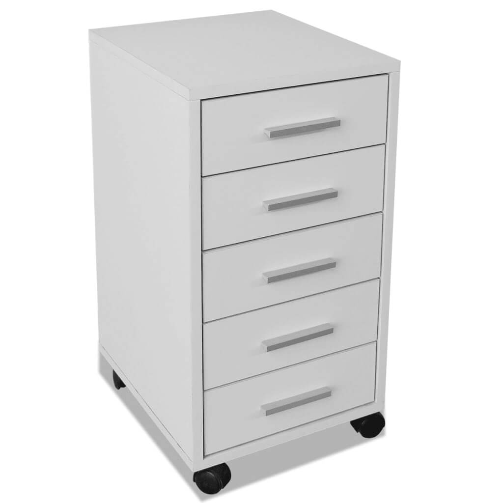 Office Drawer Unit with Castors 5 Drawers, modern white cabinet with 5 drawers and wheels for easy mobility.