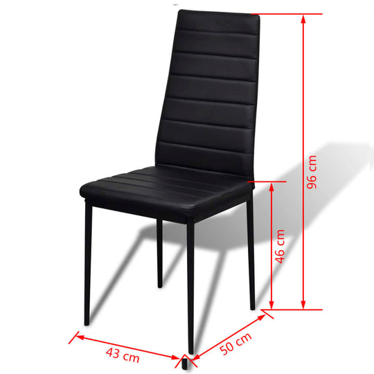 Black upholstered dining chair with modern design, padded seat, and measurements of 43 cm width, 50 cm depth, 96 cm height.