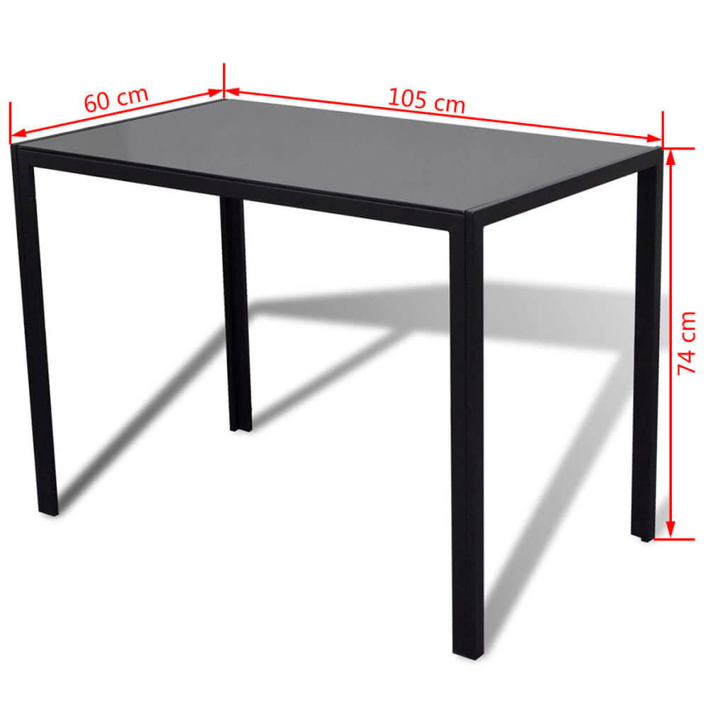 Black dining table with dimensions 105 cm x 60 cm x 74 cm, featuring a sleek design and high-strength tempered glass top.