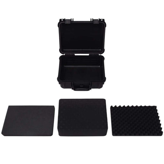 Protective equipment case in black with foam inserts, ideal for safeguarding camera gear and valuables during travel.