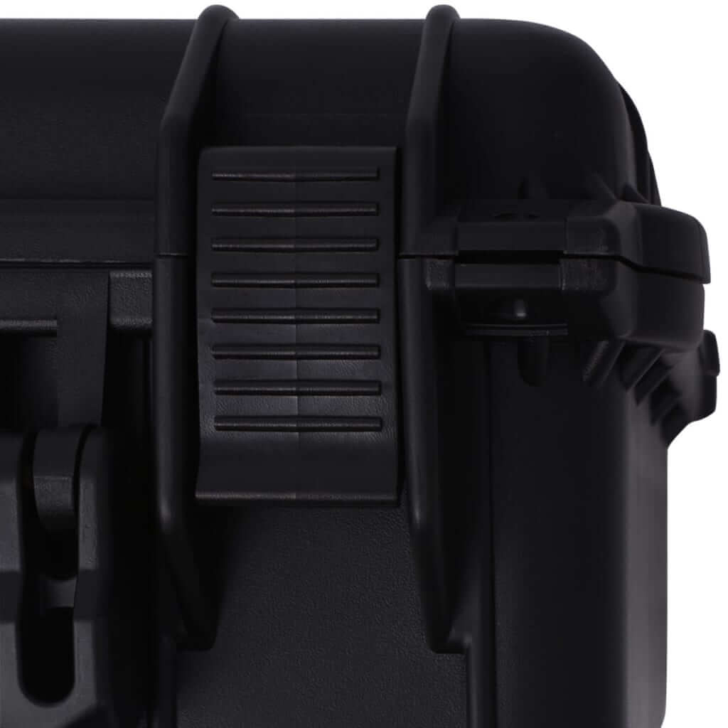 Close-up of the durable black protective equipment case locking mechanism for secure travel and storage.