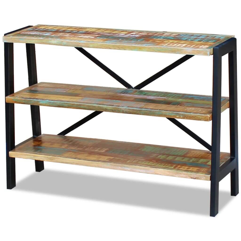 Sideboard with three shelves made of solid reclaimed wood and a sturdy black steel frame, perfect for home decor and storage.