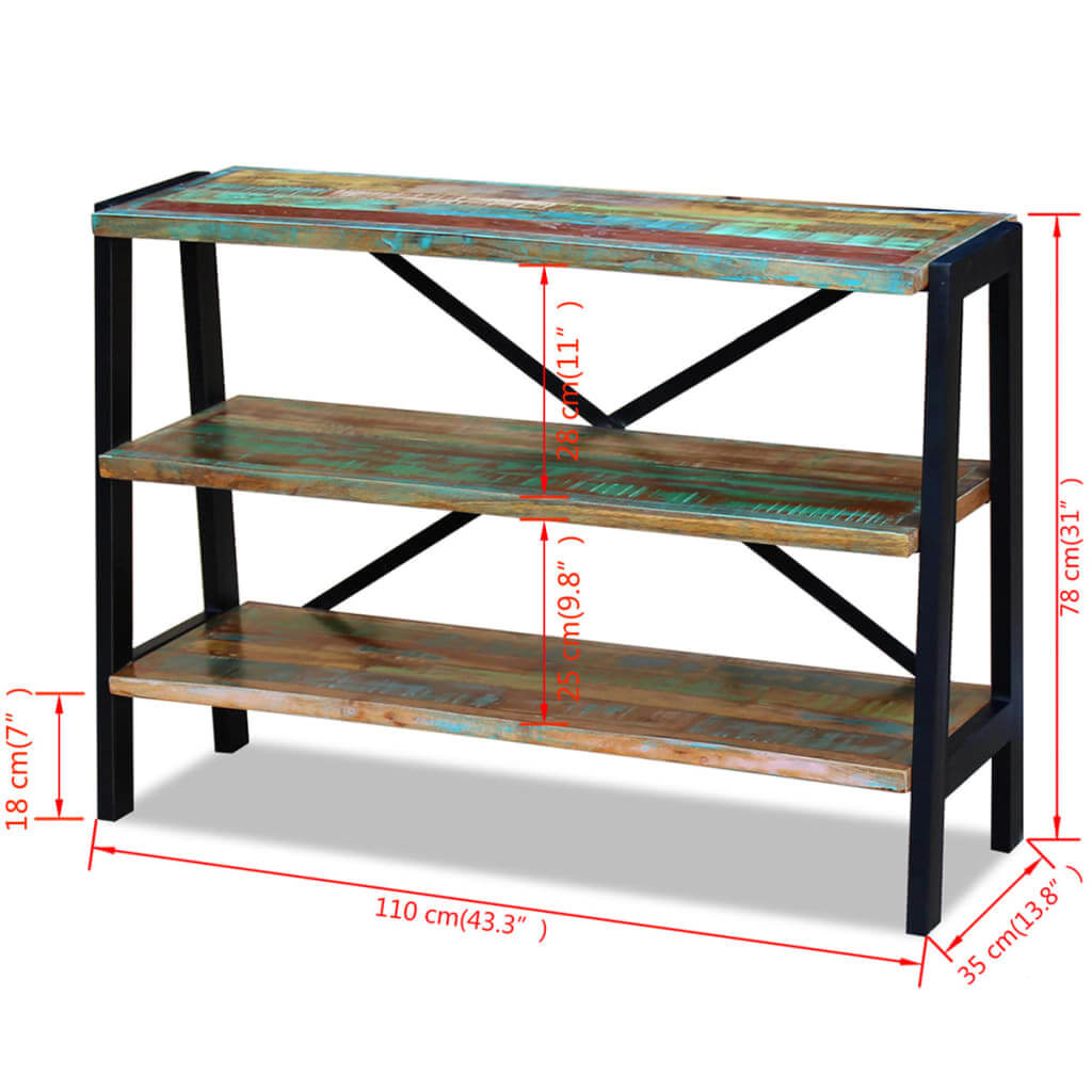 Vintage-style sideboard with three shelves in solid reclaimed wood and a sturdy steel frame, dimensions 110cm x 35cm x 78cm.