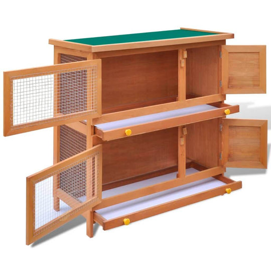 Wooden outdoor rabbit hutch with four doors, spacious design for small pets, featuring a green top and wire mesh for ventilation.