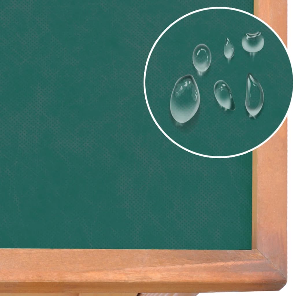 Close-up of water droplets on a green chalkboard surface with a wooden frame.