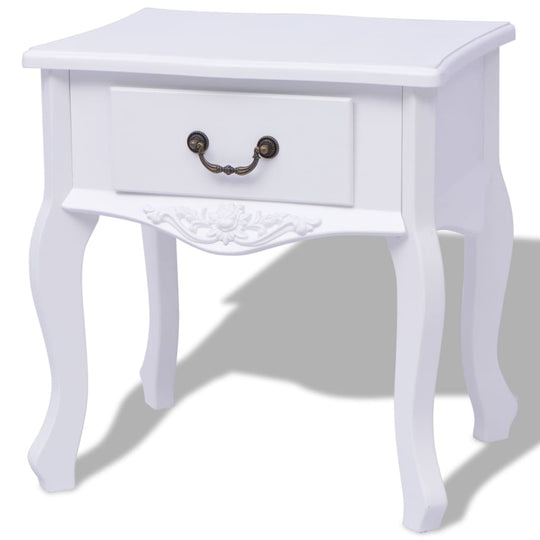 Stylish white MDF bedside cabinet with a single drawer and elegant design, perfect for bedroom decor and organization.