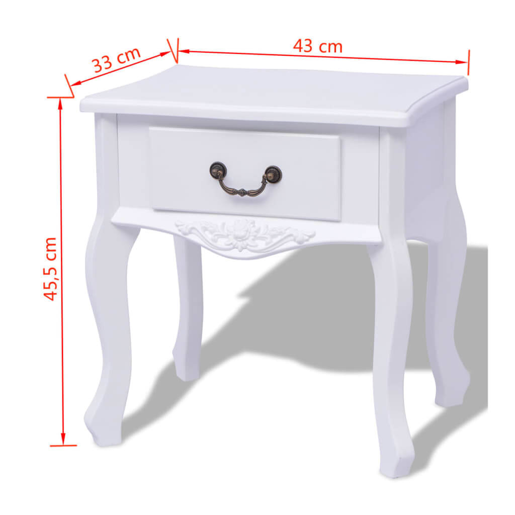 Stylish white bedside cabinet with drawer, dimensions 43x33x45.5 cm, ideal for bedroom and outdoor furniture storage.