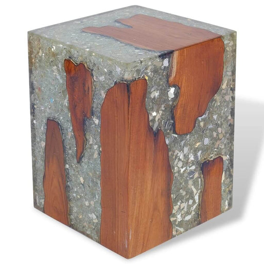 Solid teak wood and resin stool, rustic indoor outdoor furniture, unique design for footrest or side table.