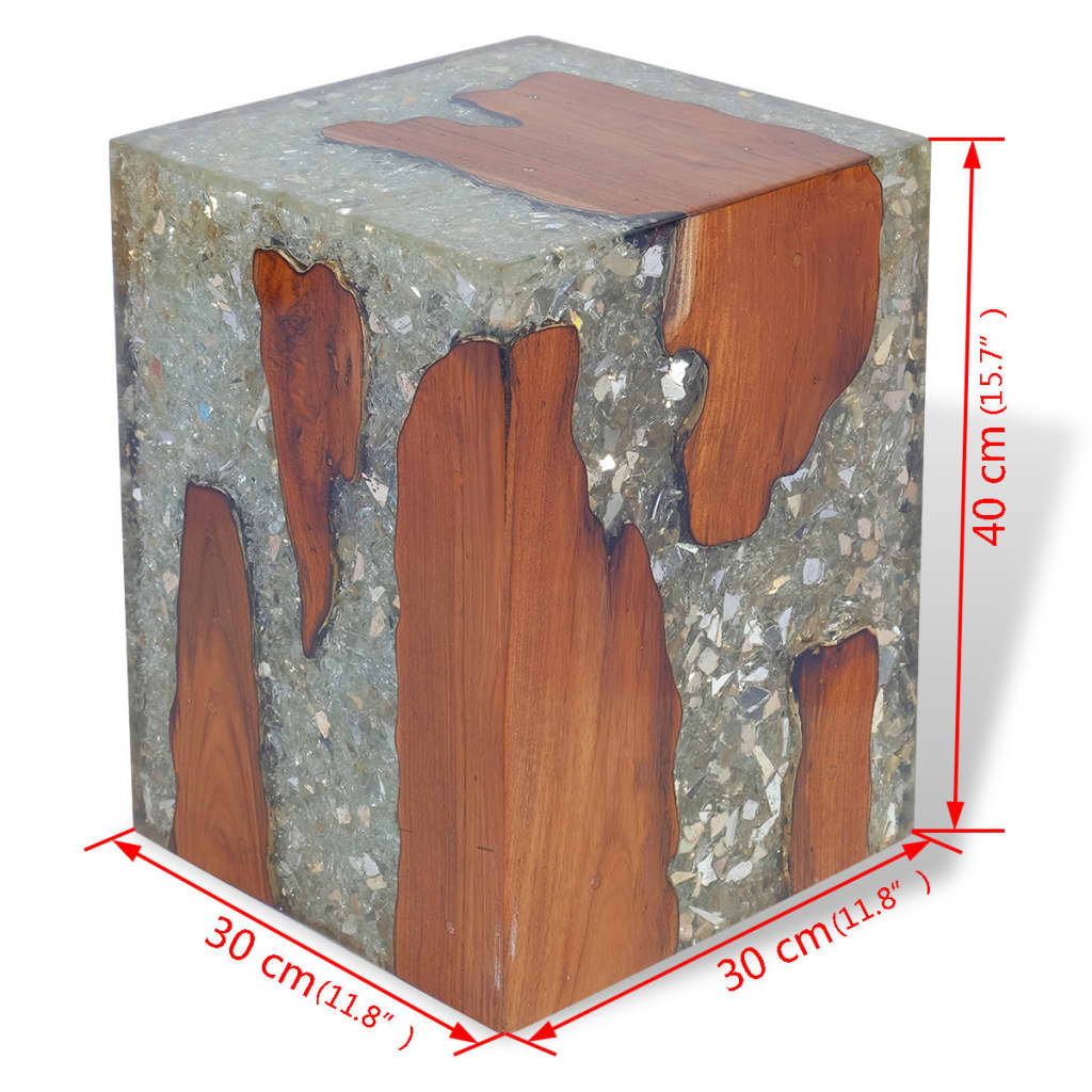 Handmade solid teak wood and resin stool, ideal for outdoor living spaces and garden furniture, 30 cm x 30 cm x 40 cm.