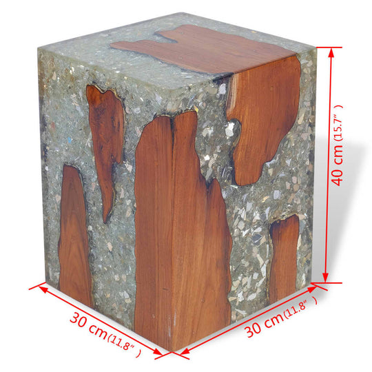 Handmade stool combining solid teak wood and transparent resin, perfect for outdoor furniture and versatile use.