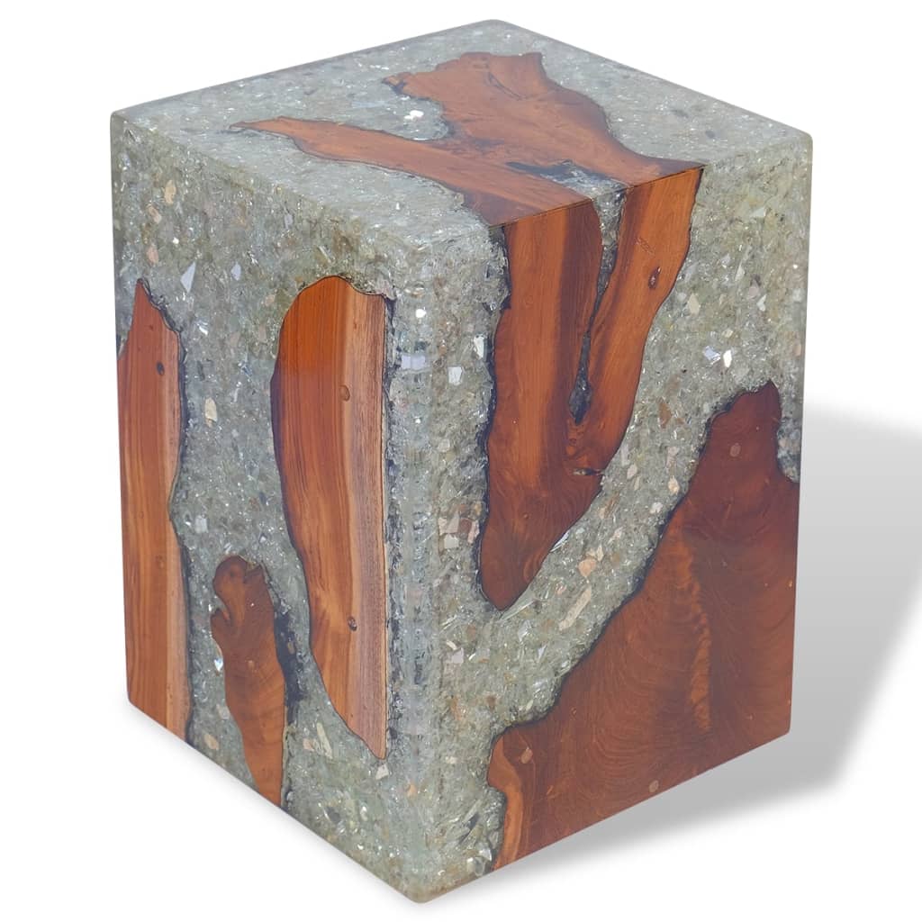 Unique handmade stool featuring solid teak wood and transparent resin, perfect for outdoor furniture or as a side table.