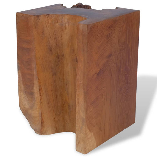 Handmade solid teak wood stool for outdoor living spaces, featuring unique grain patterns and rustic charm.