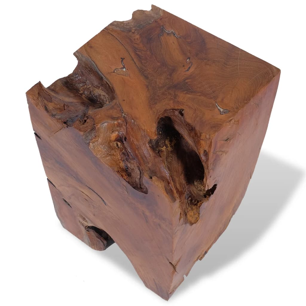 Unique handcrafted solid teak wood stool, showcasing natural grain and rustic charm for outdoor and home furniture.