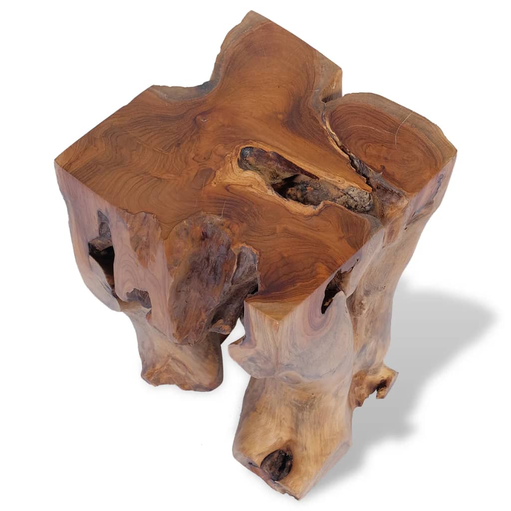 Solid teak wood stool showcasing unique grain, perfect for outdoor furniture and garden lounge sets.