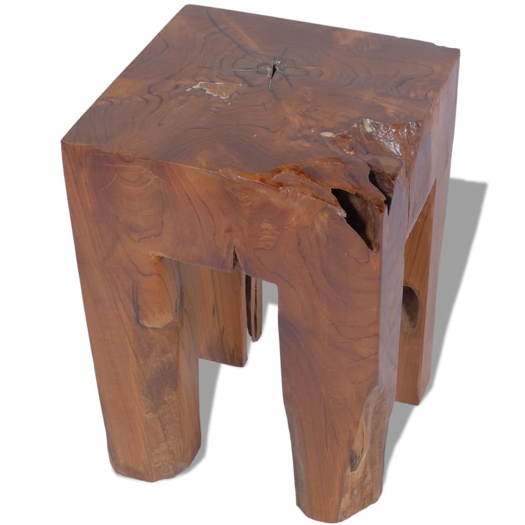 Solid teak wood stool, perfect for outdoor living spaces and garden furniture sets, showcasing unique rustic charm and craftsmanship.