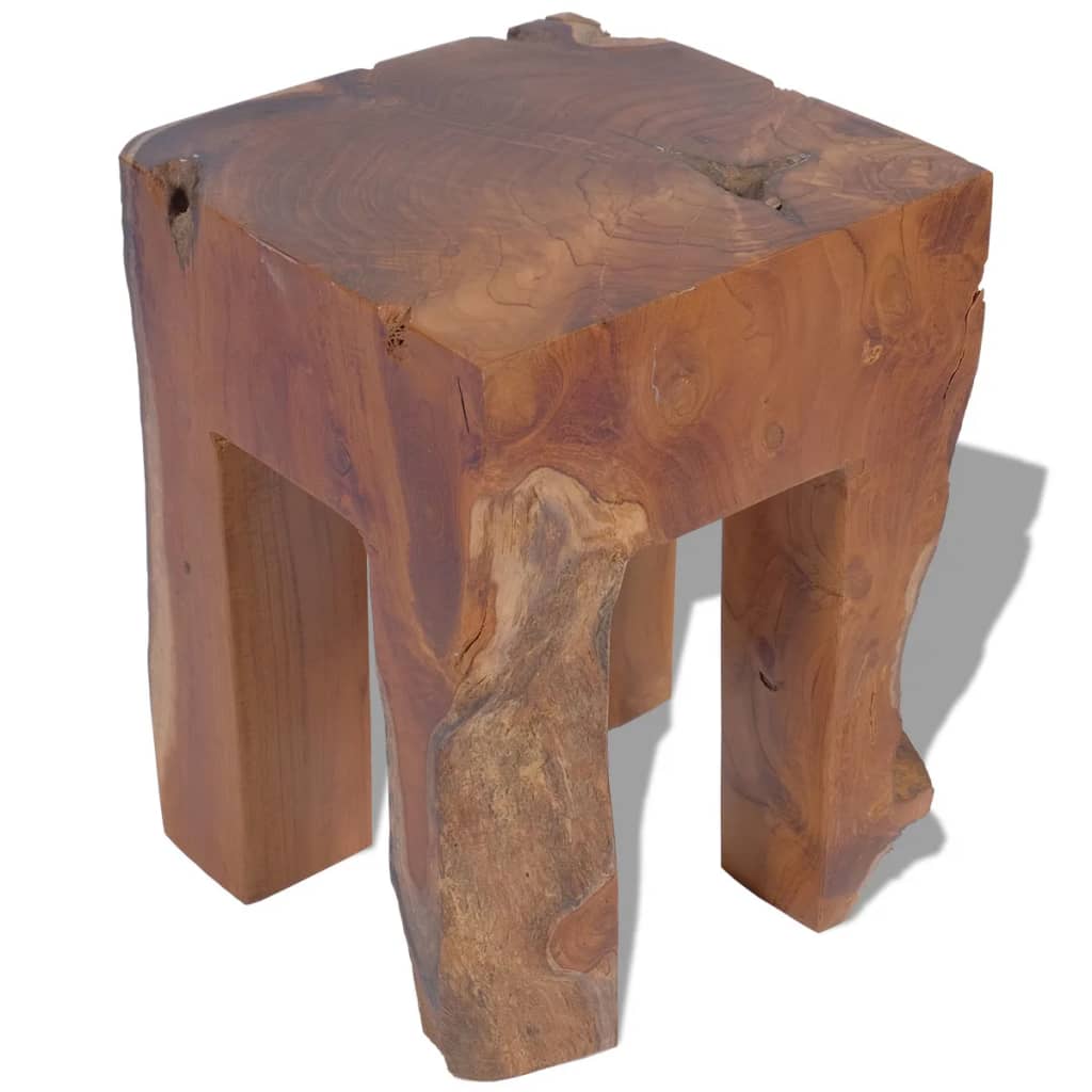 Solid teak wood stool with rustic charm, perfect for outdoor furniture and patio settings.