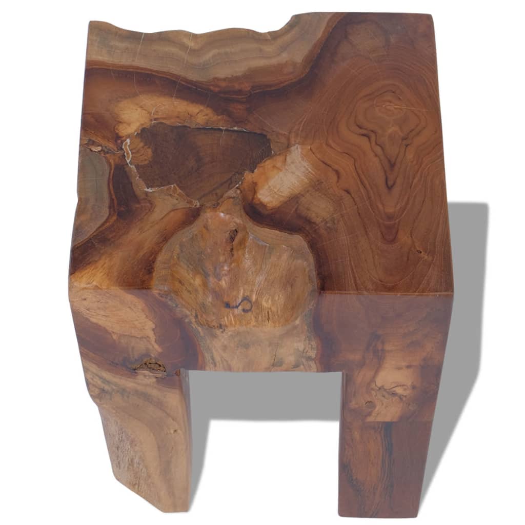 Rustic solid teak wood stool showcasing natural grain patterns, ideal for outdoor living spaces and garden furniture sets.