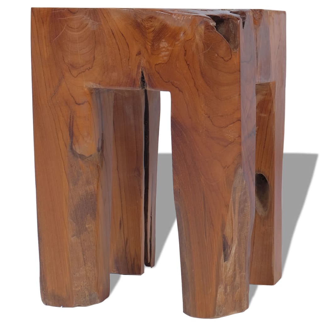 Handmade solid teak wood stool with rustic charm, perfect for outdoor furniture and patio settings.