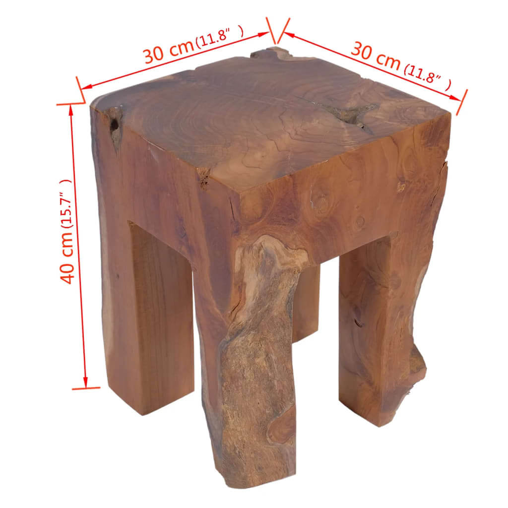 Solid teak wood stool with rustic charm, dimensions 30x30x40 cm, perfect for outdoor living spaces and garden furniture sets.