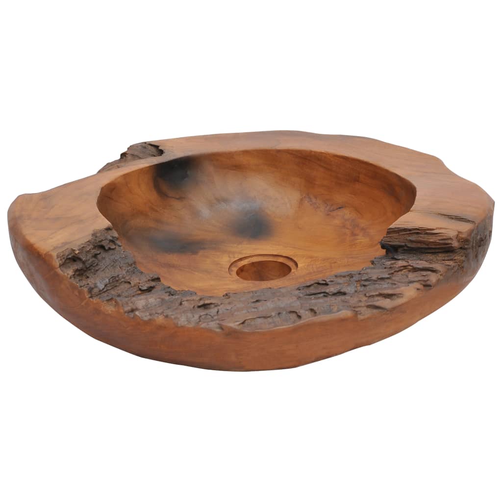 Handmade solid teak wash basin with water-repellant finish, showcasing rustic charm and natural craftsmanship.