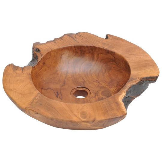 Handmade solid teak wash basin with a natural rustic design, perfect for above-counter installation. Ideal for stylish bathrooms.